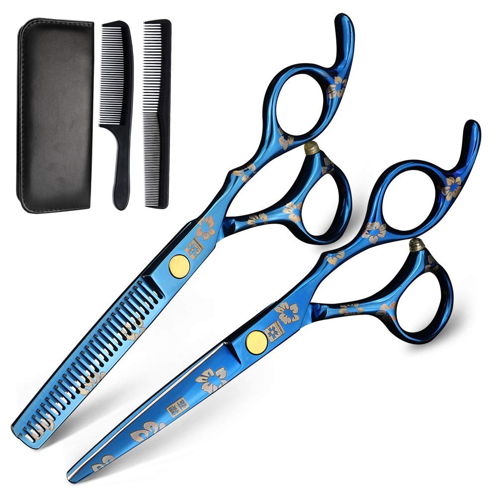 XUAN FENG Cherry Blossoms Hair Scissors 5.5 Inch 6 Inch Japanese 440C Steel Thinning Cutting Scissors Set Barber Salon Shear (5.5 inch Blue Set)