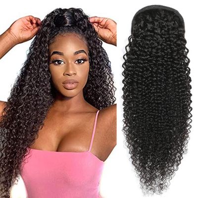GREEMEO Kinky Curly Drawstring Ponytail Extension Black Remy Human Hair 24 Inches