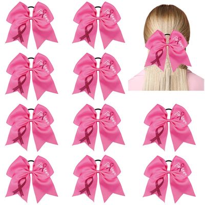 10pcs Breast Cancer Awareness Cheer Bows,7 Inches Pink Cheer Bows For Girls Women In October Cheerleading Hair Elastic Bands
