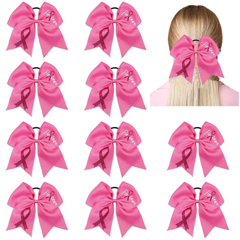 10pcs Breast Cancer Awareness Cheer Bows,7 Inches Pink Cheer Bows For Girls Women In October Cheerleading Hair Elastic Bands