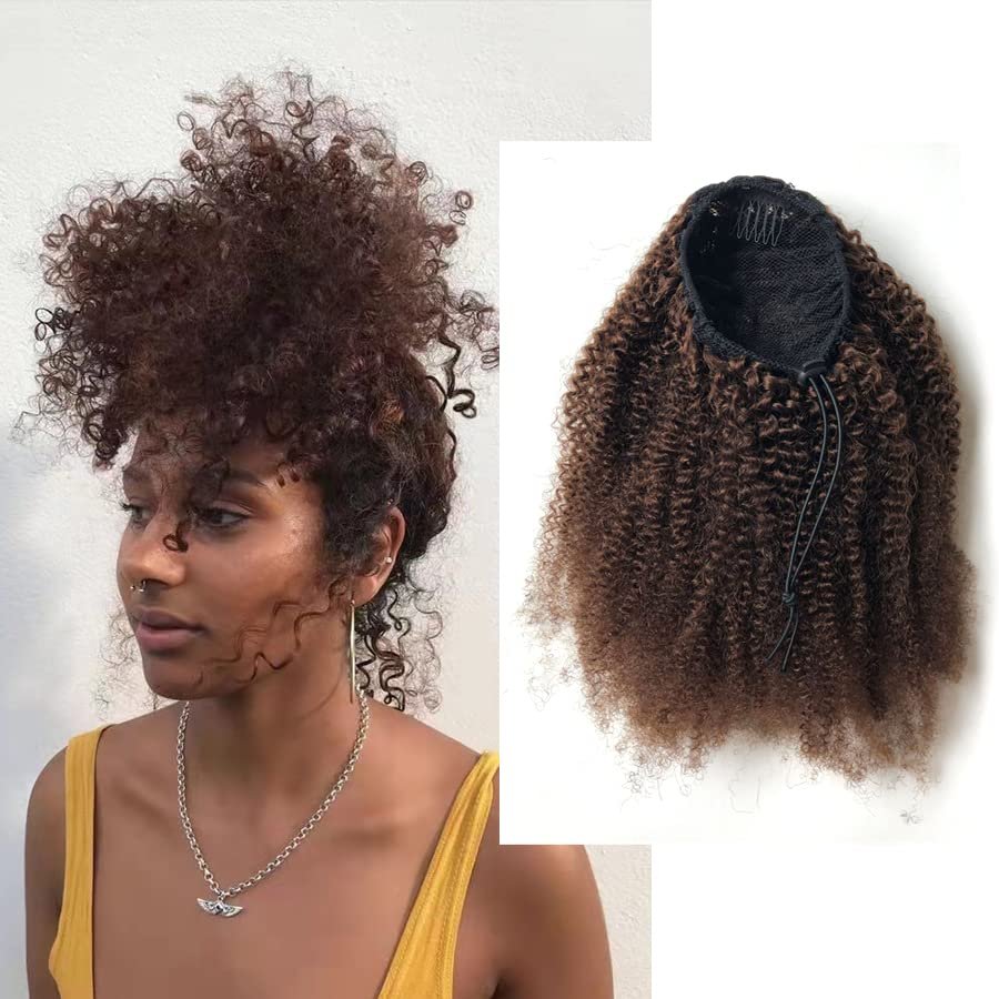 GREEMEO Afro Puffy Human Hair Ponytail Extensions Drawstring 100% Real Remy Hair Afro Kinkys Curly Bun Extension With Two Combs #4 Medium Brown 16 Inches