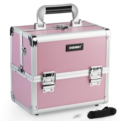 Makeup Case - Professional Portable Aluminum Cosmetics Storage Box With Locks and 2-Deck Folding Trays Pink Diamond