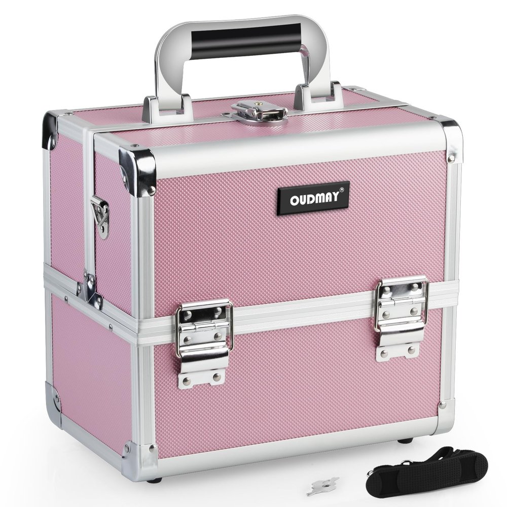 Makeup Case - Professional Portable Aluminum Cosmetics Storage Box With Locks and 2-Deck Folding Trays Pink Diamond