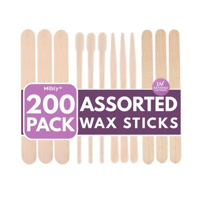 Mibly 4 Style 200 Pcs Assorted Wooden Wax Sticks for Body Legs Face Small Medium Large Sizes Eyebrow Waxing Applicator Spatulas for Hair Removal or Wood Popsicle Craft Sticks (Pack of 200)