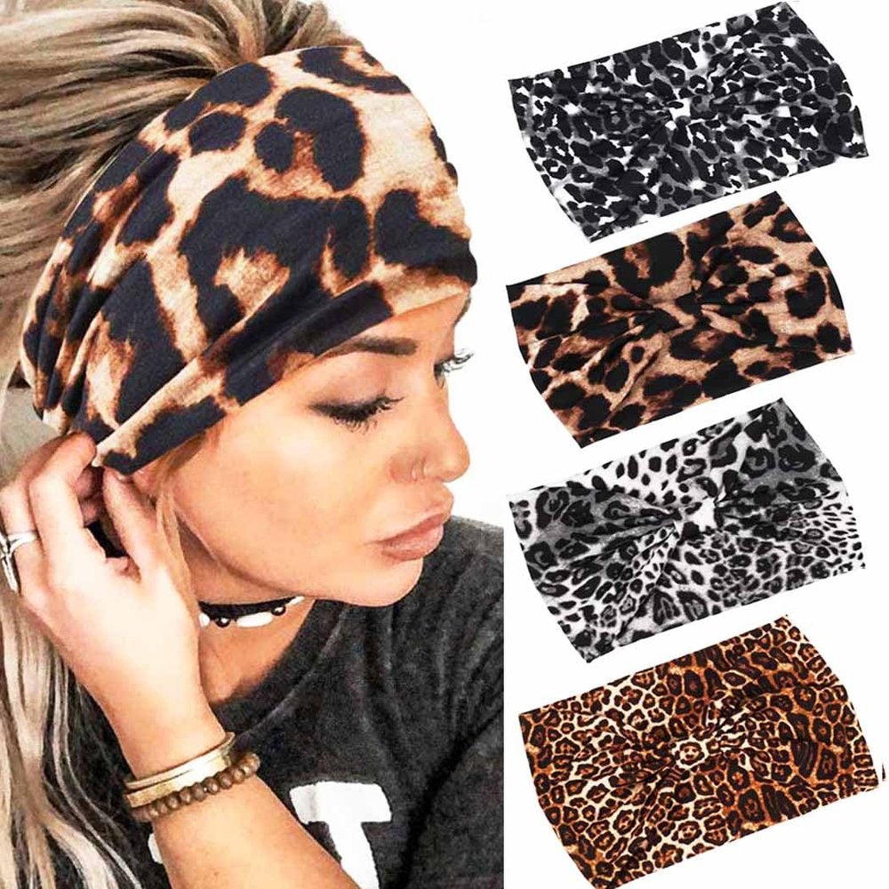 GORTIN Extra Wide Headbands for Women Leopard Print African Headband Cheetah Turban Pack of 4