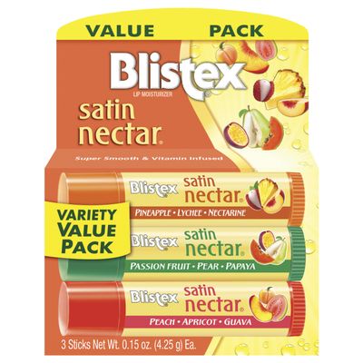 Blistex Satin Nectar Lip Balm, 0.15 oz, 3 Count, Lip Moisturizer Variety Pack, Moisturizes and Comforts Dry Lips, Refreshing Flavor Blend, Easy Glide Formula for Full Coverage, 1 Pack