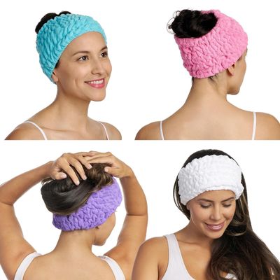 Turbie Twist 4-Pack Turbie Band for Beauty, Travel, Gifting - Microfiber Headband for Personal Care - Comfortable, Extra-Wide Spa Headband - for All Hair Types - Pink, Purple, Blue & White