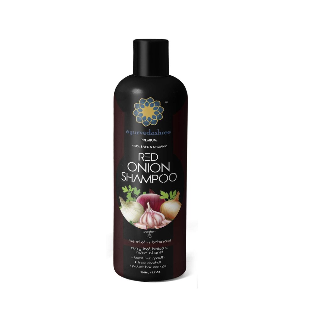 AYURVEDASHREE Red Onion Hair Growth & Hair Fall Control Shampoo With Curry Leaf, Hibiscus, Indian Alanket, Blend of 14 Botanicals 200ML - SLS and Paraben Free - 100% Safe & Premium- All Hair Type