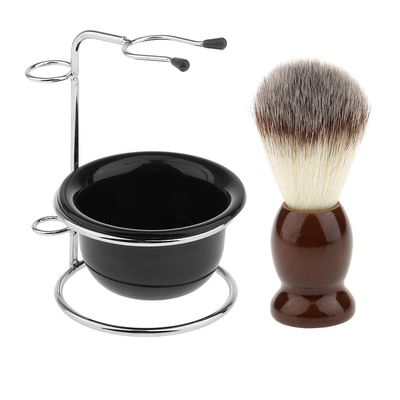 Men Shaving Brush + Stainless Steel Holder Stand + Soap Mug Bowl Set