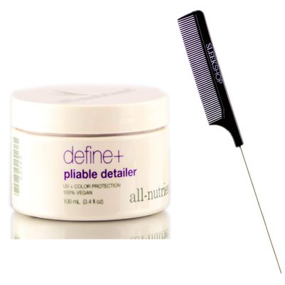 All Nutrient Define + Pliable Detailer (w/Sleek Comb) Hair Cream Paste Gel Wax Pomade, UV+ Color Protection, 100% Vegan (3.4 OZ / 100 ML SIZE)