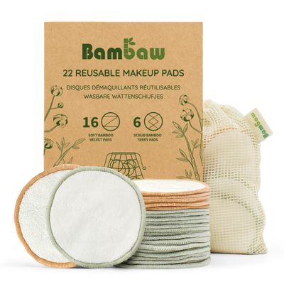 Bambaw Reusable Makeup Remover Pads, 22 Face Rounds with 1 Bag for Laundry & Storage, Washable Cotton Rounds, Soft & Exfoliating Reusable Face Pads