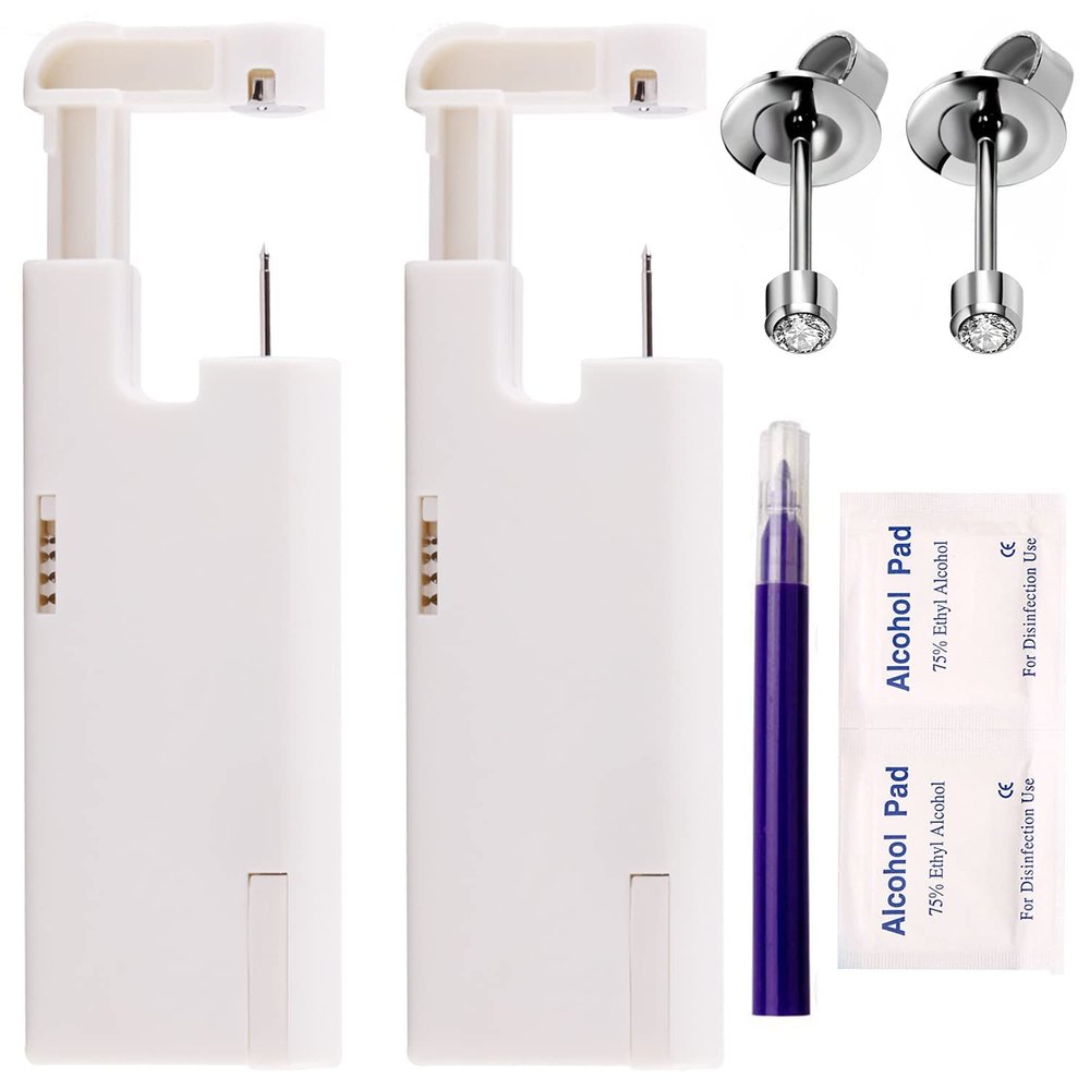 2Pcs Ear Piercing Kit Automatic and Painless Ear Nail Gun Disposable Aseptic Household Ear Piercing Gun Portable Ear Piercing Gun Group Ear Piercing Tools (3mm, Silver)