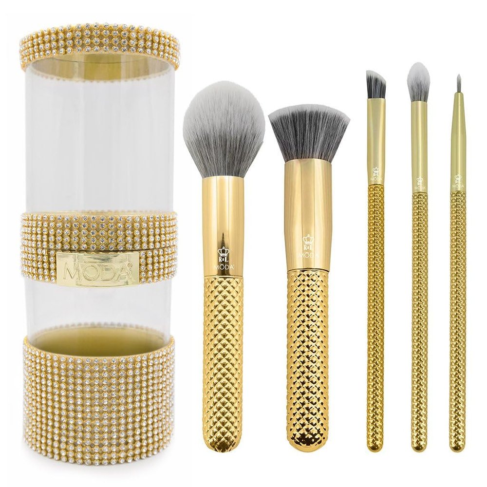 MODA Metallics 6-Piece Full Face Makeup Brush Set  Gold Vegan Cosmetic Brushes for Foundation, Highlight, Eyes & More