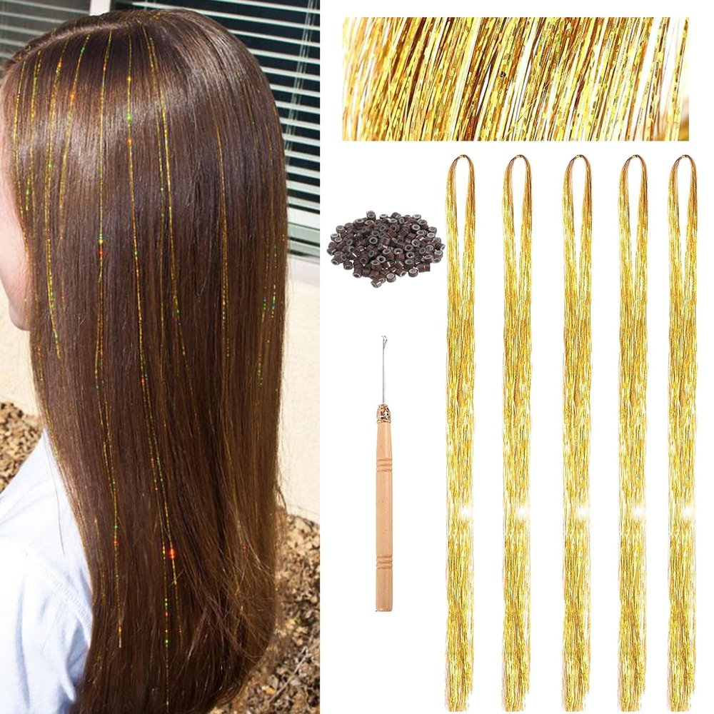 47" Holographic Hair Tinsel KIt Shining Gold Professional Sparkle Heat-Resistant Silk Extensions, Easy to Apply, Hair Accessories for Girls, Party Hair, Gifts for Girls (1000 Strands, Shining Gold)