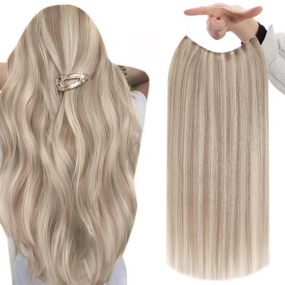 Fshine Invisible Wire Hair Extensions Real Human Hair 20 Inch Ash Blonde Highlighted Bleach Blonde 18/613 One Piece Clip in Hair Extensions Seamless Layered Hairpiece 86 G