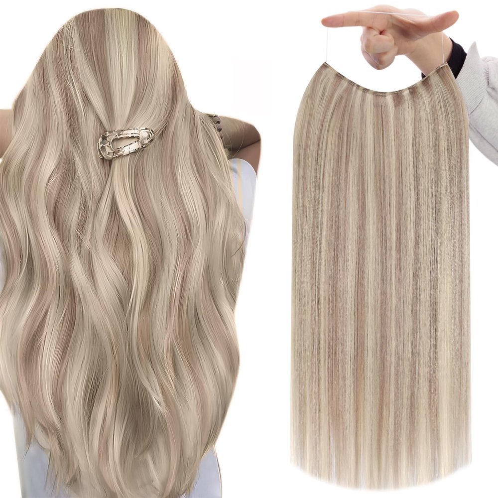 Fshine Invisible Wire Hair Extensions Real Human Hair 20 Inch Ash Blonde Highlighted Bleach Blonde 18/613 One Piece Clip in Hair Extensions Seamless Layered Hairpiece 86 G