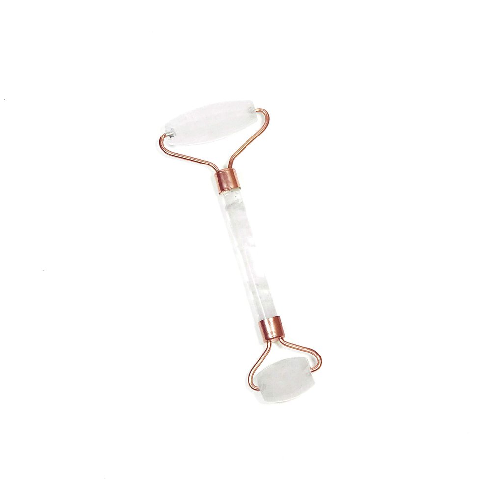 Clear Quartz Facial Roller set for skin detox - stainless steel message tool for face body neck to reduce aging wrinkle | natural jade stone