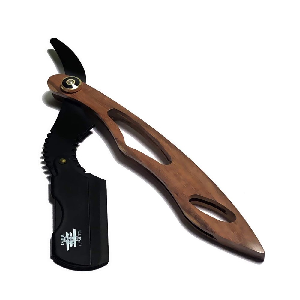 Brown Wooden Shaving Straight Edge Single Edge Unisex Hair Cutting Razor - All Purpose Shaving Kit - Cut Throat Folding Knife Shavette + Blades Included
