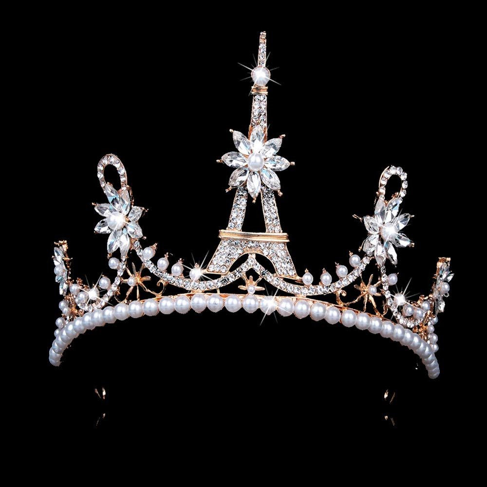 Shineweb Gorgeous Eiffel Tower Rhinestone Crown Women Royal Wedding Bridal Tiara Jewelry Hair Scrunchies Bands Golden