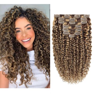 Clip in Human Hair Extensions Afro Jerry Curly 3B 3C Real Hair Clip in Extensions For Black Women Natural Black Color 100% Brazilian African American Hair Extensions (14 inch, Jerry Curly #P4/27)