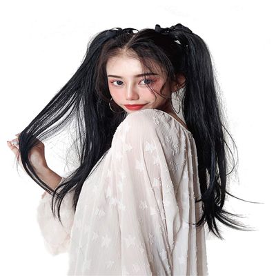 Yanamy 24" Long Straight Twin Ponytail Hair Extensions Ribbon Cosplay Pony Tails for Cutey, Dark Brown