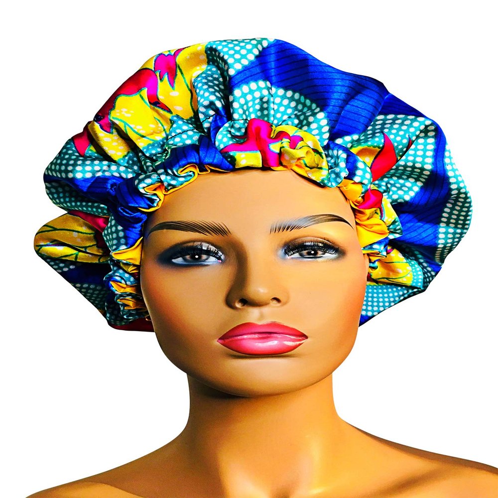 2Chique Boutique Women's African Ankara Print Satin Bonnet Multi Color Patterns (Blue/Multi, Large)