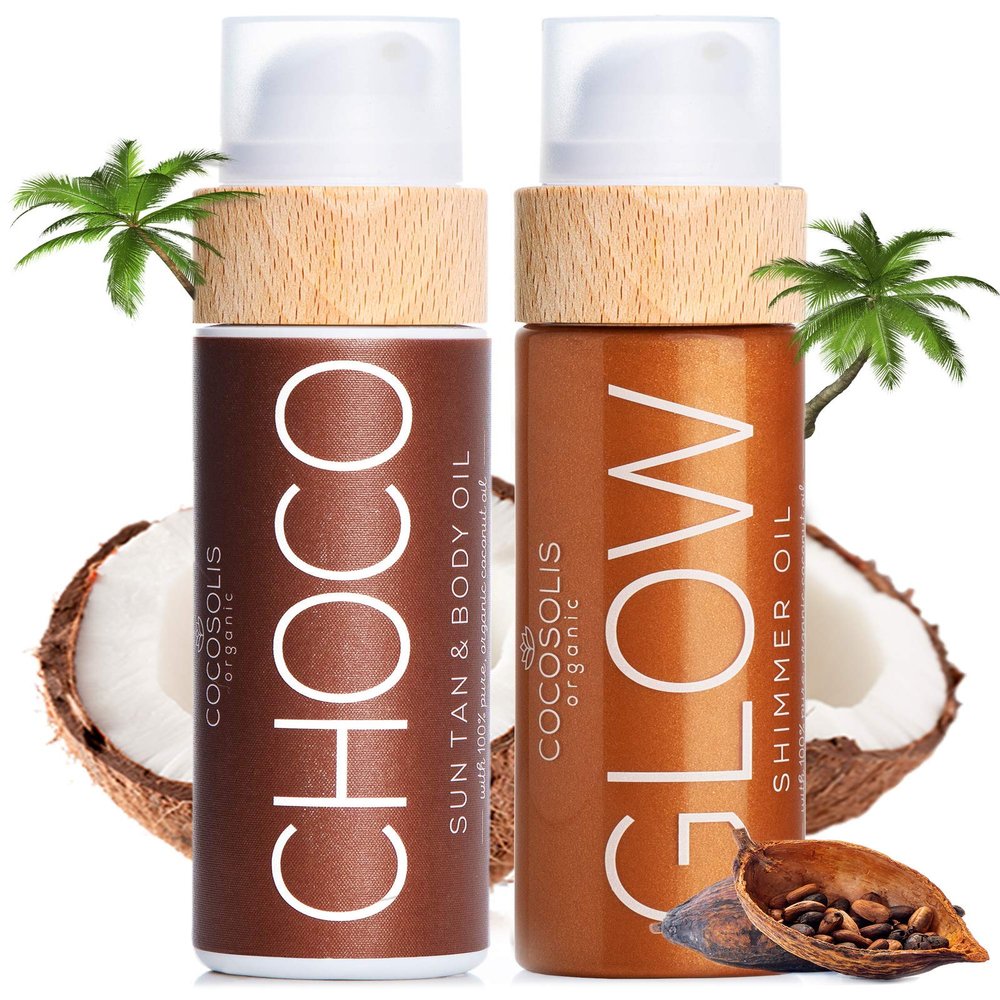 COCOSOLIS Bio Body Oil Bundle Choco Tanning Oil and Glow Body Shimmer Lotion - Get a Healthy, Glowing, and Longer Lasting Tan