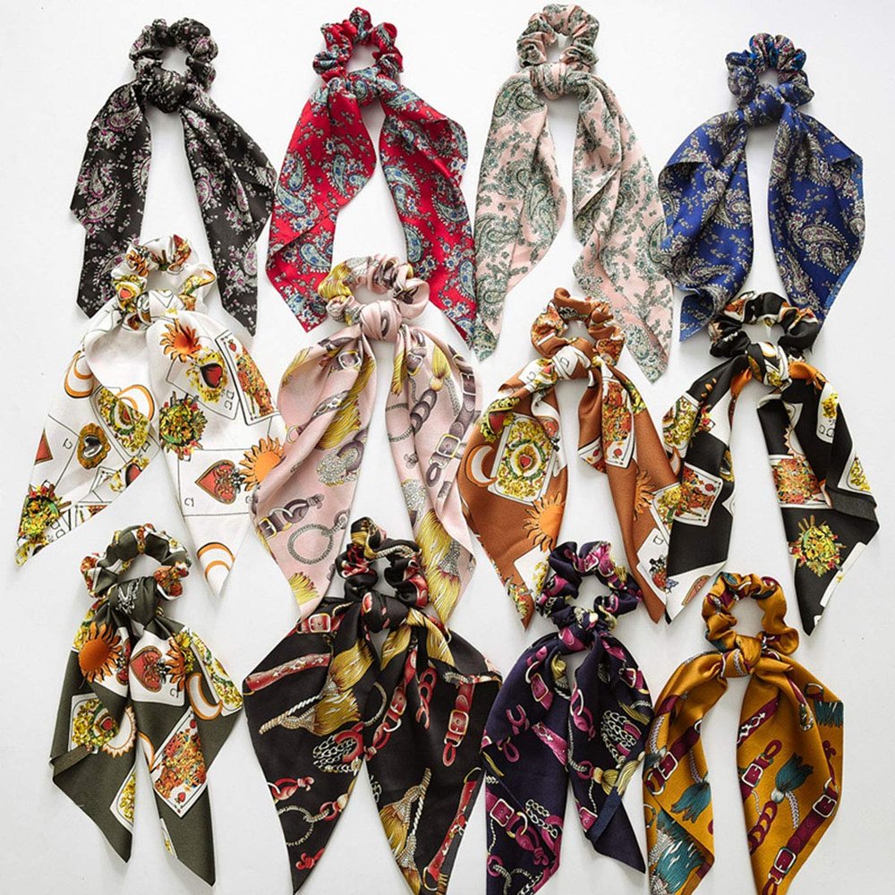 12PCS Women Girls Boho Hair Scrunchies Satin Silk Ponytail Holder Hair Rope Cute Rabbit Ear Bow Bowknot Scrunchie Bobbles Elastic Hair Ties Rubber Bands (12pcs)