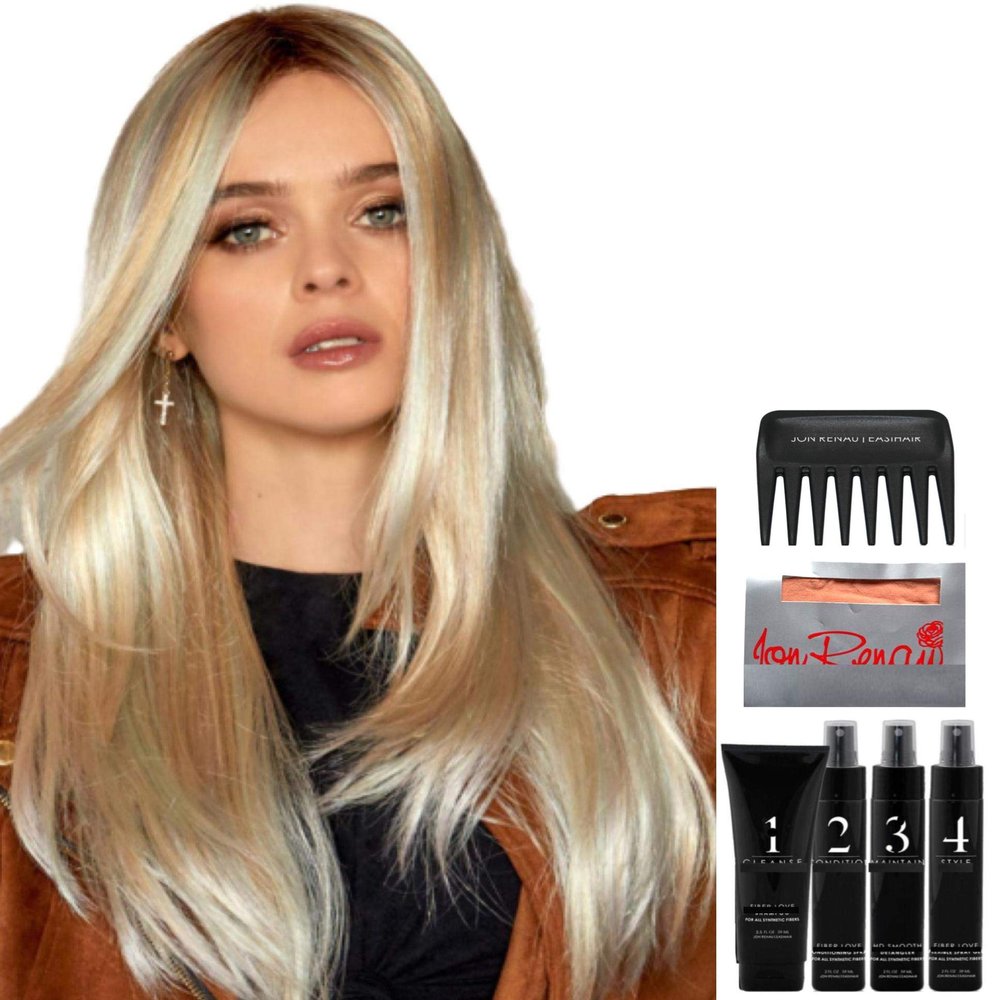 Bundle - 8 items: Lennox Wig by Rene Paris, Christy's Wigs Q & A Booklet, 2oz Travel Size Wig Shampoo, Conditioning Spray, Flexible Spray, HD Smooth, Wide Tooth Comb & Wig Cap - Melted Sunset