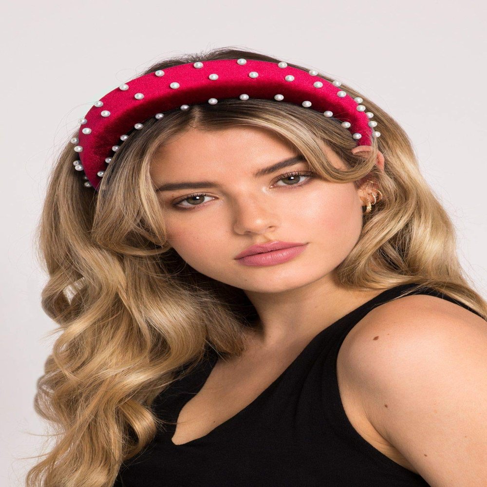 Soho Style Padded Hair Headband Elegant Head Wrap Wide Hoop Velvet Pearl Embellished Fashion Thick Accessories Headwear for Women Girls AC8464 Red
