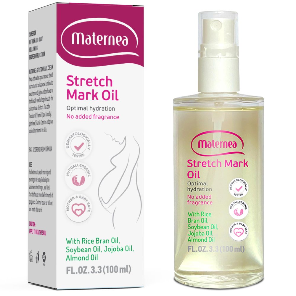 Maternea Stretch Mark Oil for Pregnancy  Nourishing Body and Belly Oil for Pregnant Women with Natural Oils and Vitamin E  Helps Moisturize and Comfort Stretching Skin  3.3 fl oz (100 ml)
