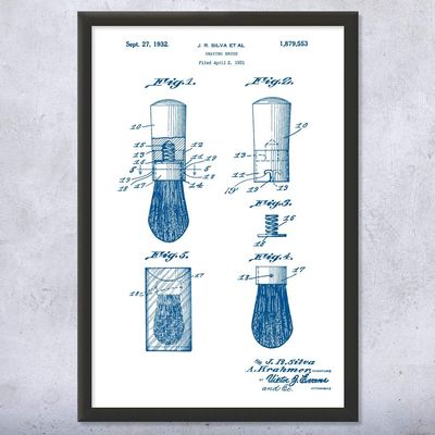Framed Shaving Brush Print, Barber Shop Art, Barber Gift, Bathroom Decor, Stylist Gift, Salon Wall Art, Shaving Gift Blue & White (12x16)