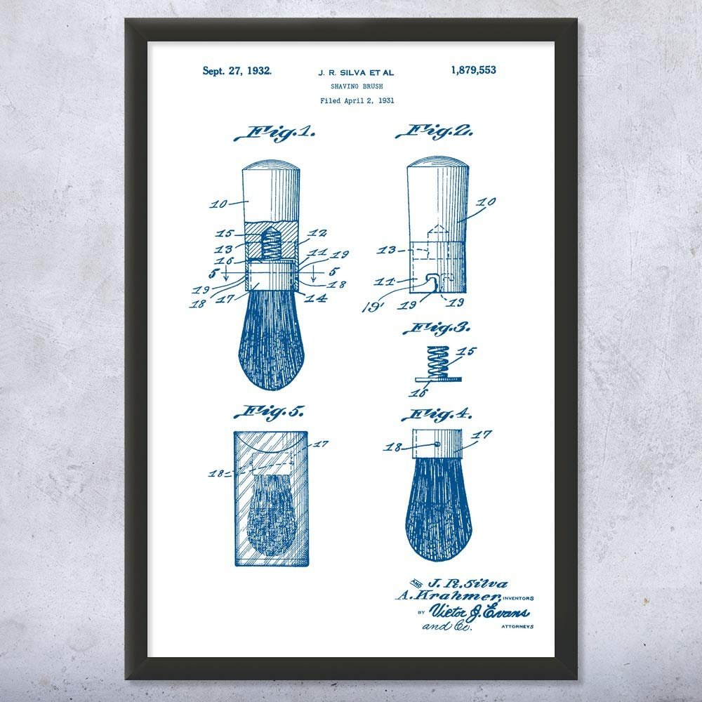 Framed Shaving Brush Print, Barber Shop Art, Barber Gift, Bathroom Decor, Stylist Gift, Salon Wall Art, Shaving Gift Blue & White (12x16)