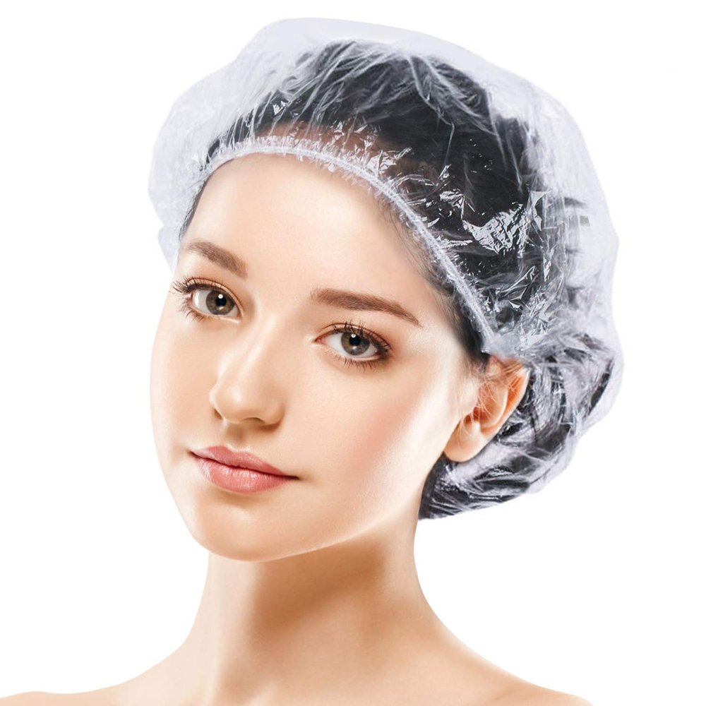 100pcs Shower Caps Disposable, Thicker and Larger Waterproof Clear Hair Bath Caps, Premium Plastic Hair Cap for Women, Spa, Hair Solon, Travel, Hotel and Home Use(Size 20IN/50CM)