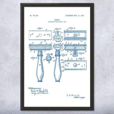Framed Shaving Razor Print, Bathroom Decor, Shaving Gift, Fashion Wall Art, Barber Gift, Barber Shop Decor, Stylist Gift Blue & White (11x14)