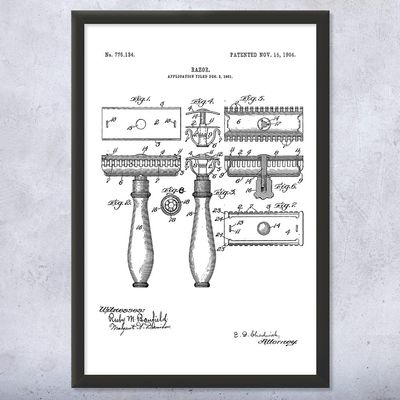 Framed Shaving Razor Print, Bathroom Decor, Shaving Gift, Fashion Wall Art, Barber Gift, Barber Shop Decor, Stylist Gift Black & White (11x14)