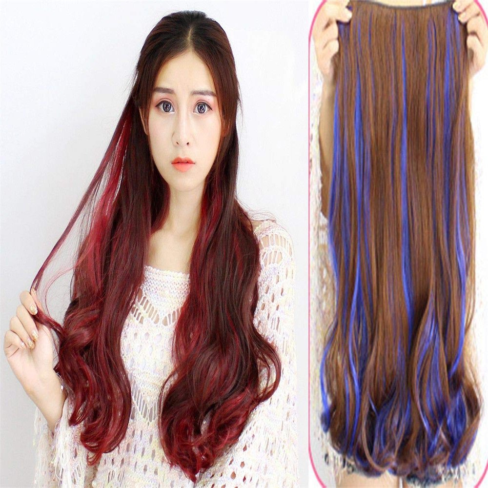 Aimeely Women Long Curly 20 Inch Ombre One Piece Hair Extension Synthetic Clip In Hairpieces Light Brown + Blue