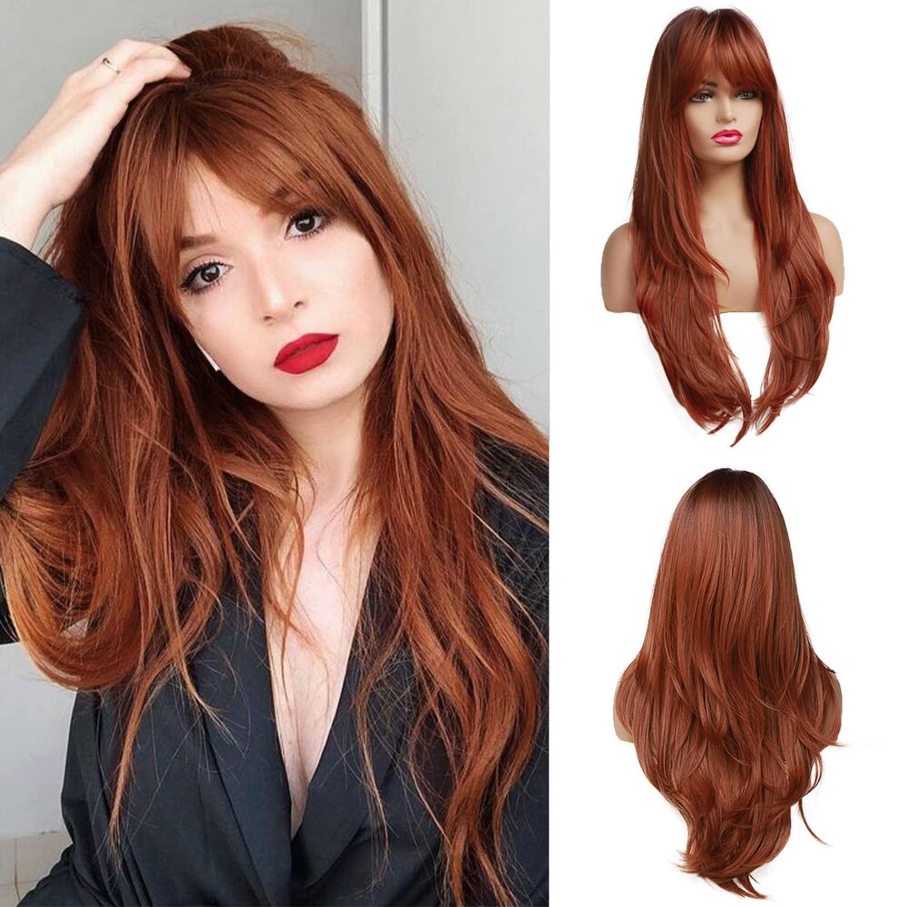 OUFEI 24 Inches Long Straight Auburn Layered Natural Synthetic Hair Wigs for Women with Dark Roots for Daily Party Use