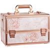 Joligrace Makeup Train Case Professional - 13.5 Inch Portable Artist Lockable Aluminum Cosmetic Organizer Storage Box with 4 Fixed Dividers Trays 2 Locks and Shoulder Strap Rose Gold view 1