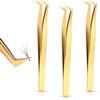 3 Pieces Volume Tweezers Eyelash Extension Tweezers Curved 6A Tip False Lash Tweezers Stainless Steel Precision Tweezers for Individual and 3D 6d Volume Eyelash Extension (Gold) view 1
