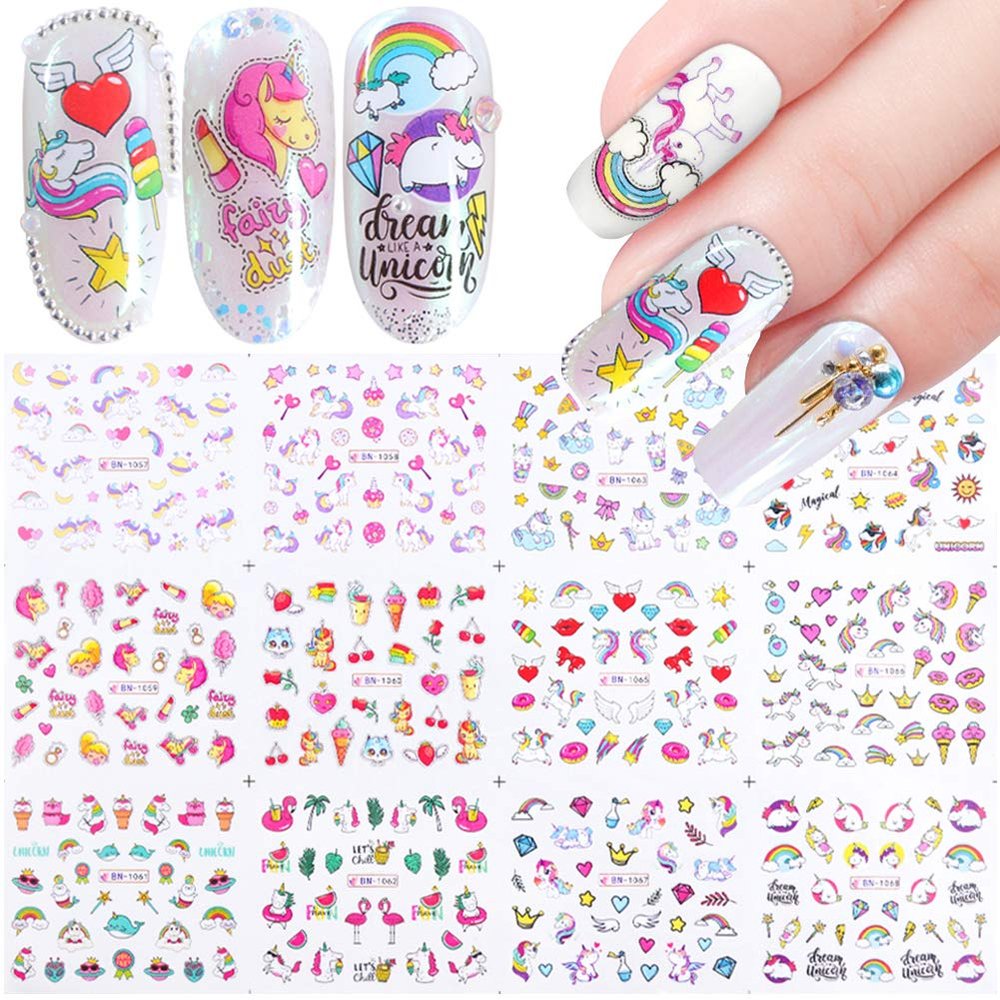Unicorn Nail Art Stickers Water transfer Nail Decals Cute Stars Moons Flamingo Rainbows Unicorns Nail Stickers for Girls Women Kids DIY Manicure Design Nail Decoration Accessories (12 Sheets)