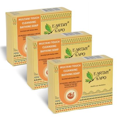 Earthy Sapo Multani Touch Bathing Soap, (Fullers earth/Multani Mitti), oily skin, 100 G (Pack Of 3)