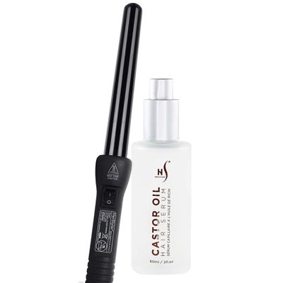 HerStyler Castor Oil Hair Serum and Grande Ceramic Curling Iron Set