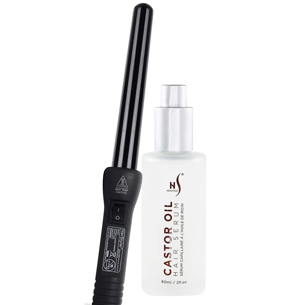 HerStyler Castor Oil Hair Serum and Grande Ceramic Curling Iron Set