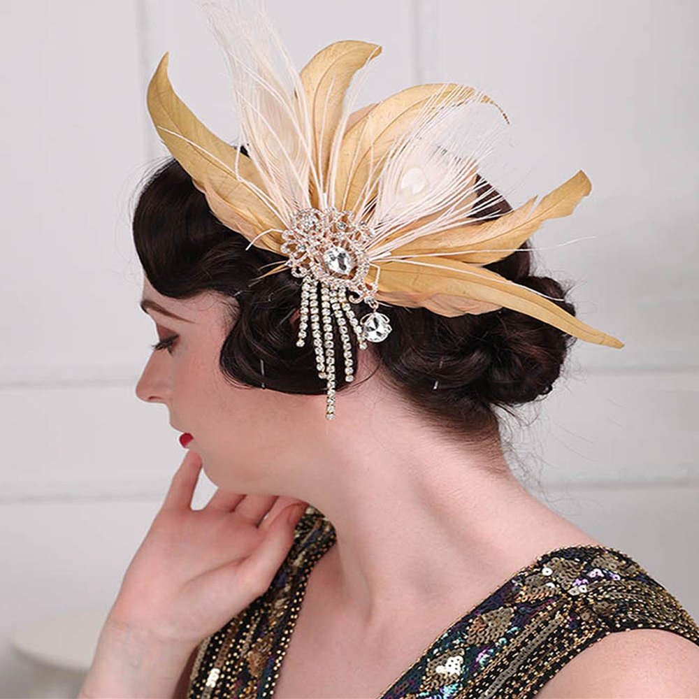 Aimimier 1920s Flapper Feather Hair Clip Crystal Tassel Roaring 20s Yellow Feather Headpiece Masquerade Hair Accessories for Women and Girls