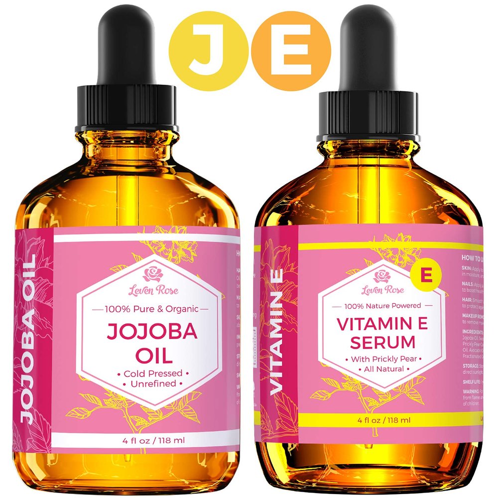 Leven Rose Jojoba Oil + Vitamin E Serum 100% Pure Organic All Natural Moisturizer Treatment for Skin Hair Body and Nails - 4 Fl. oz each