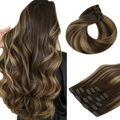 HOTBANANA Human Hair Clip in Hair Extensions, Balayage Chocolate Brown Mixed Caramel Blonde 120g Clip in Hair Extensions Real Human Hair Straight Remy Hair Clip Ins Dark Roots Ombre 22 Inch 7pcs