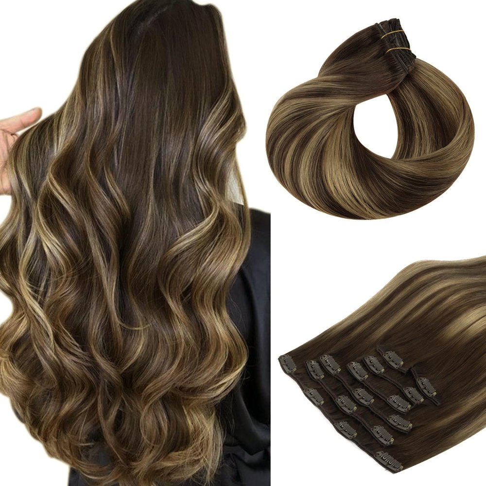 HOTBANANA Human Hair Clip in Hair Extensions, Balayage Chocolate Brown Mixed Caramel Blonde 120g Clip in Hair Extensions Real Human Hair Straight Remy Hair Clip Ins Dark Roots Ombre 22 Inch 7pcs