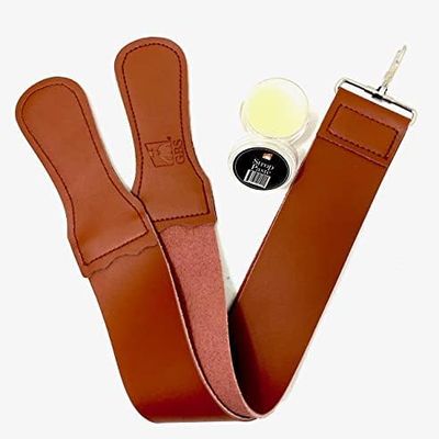 G.B.S Straight Razor Leather Strop 2.5" x 23.5" Cow Hide Dual Straps with Swivel Clip + 22 ML Strop Paste Leather Dressing to Maintain Strop - Made in USA