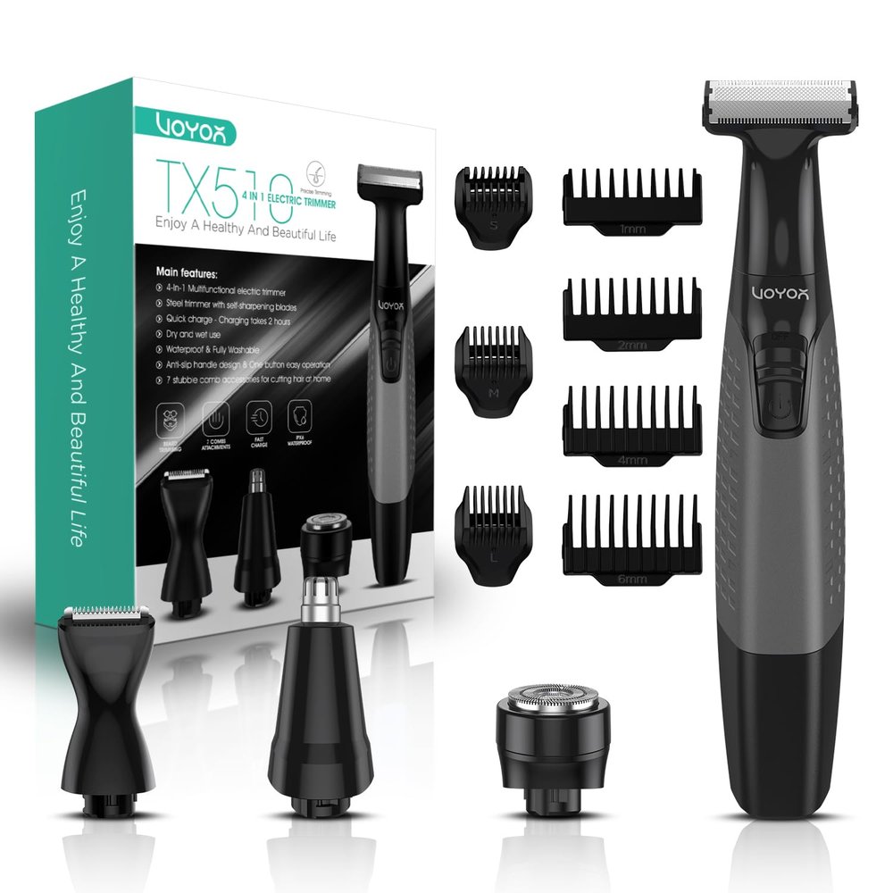 VOYOR Beard Trimmer for Men Electric Razor, Nose Face Body Hair Trimmer with Adjustable Length Combs All in 1 Rechargeable Mens Grooming Kit Cordless Electric Shaver Wet/Dry TX510 (Grey)